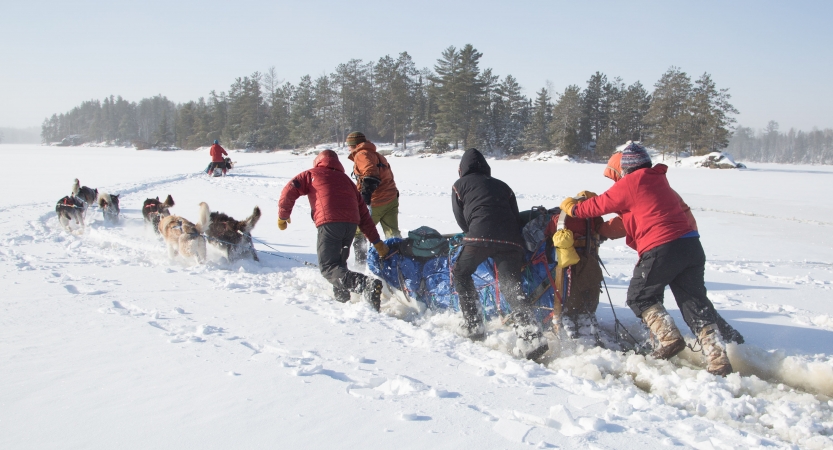 Four people push a sled through slushy conditions behind a team of dogs. There is another team ahead of them. 